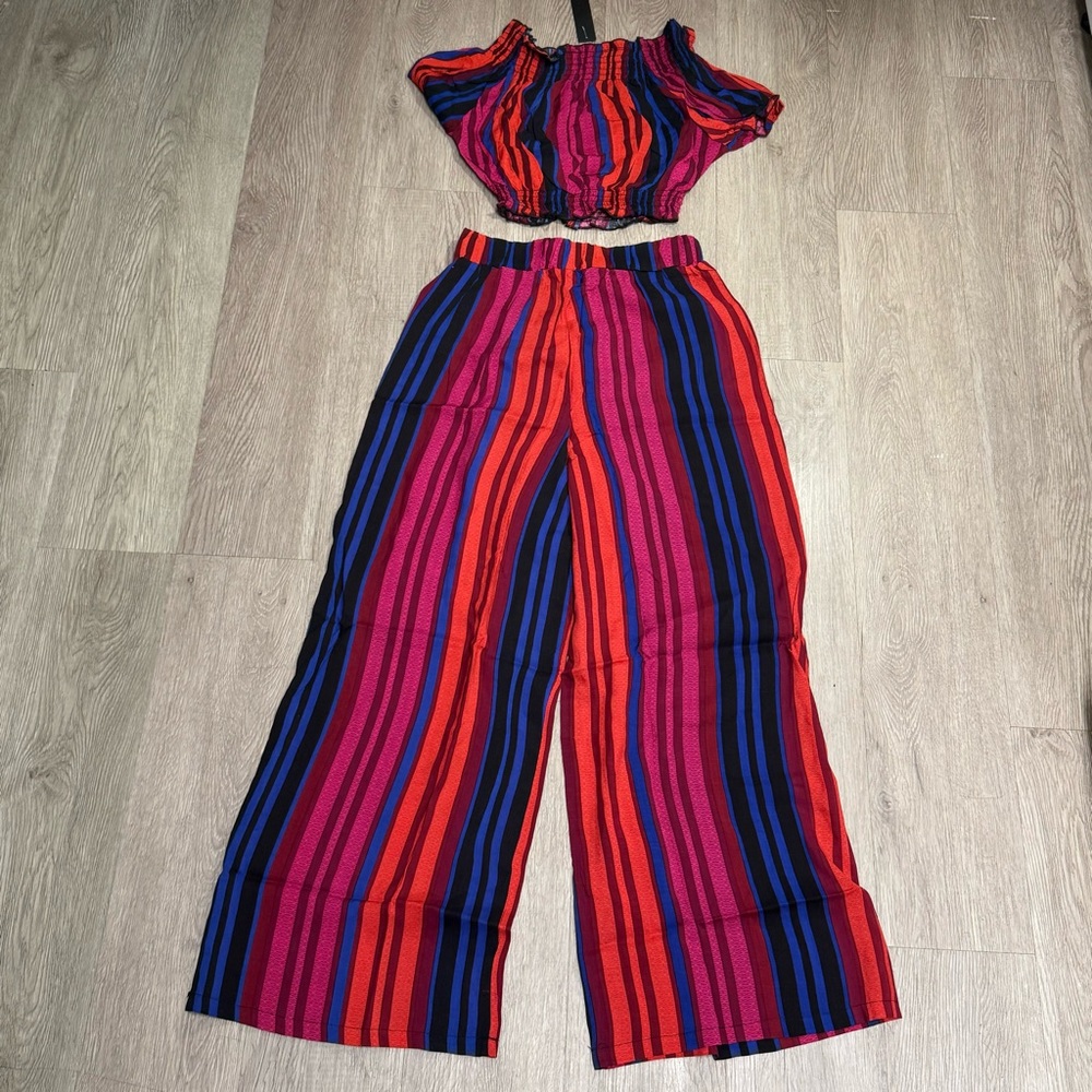 New C-Mode Two Piece Colorful Striped Crop Top Blouse and Wide Legged Pants